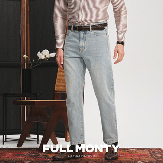 FULL MONTY直筒牛仔裤浅蓝色水洗赤耳牛仔复古男宽松长裤春秋季
