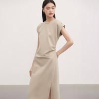 纳薇（naivee）纳薇23春季高级设计感解构飞袖腰部皱褶知性修身连衣裙 卡其 备用 160/84A