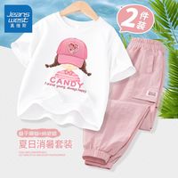 真维斯儿童套装中大童速干短袖外穿超萌女童多巴胺t恤休闲工装裤 as时尚2件aw女童洋气a01 110