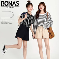 宝娜斯(BONAS)棉麻运动短裤女夏宽松休闲高腰阔腿a字休闲打底裤 黑色 L(适合120-140斤)