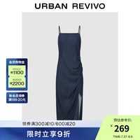 UR2024秋季女复古魅力褶皱收腰吊带牛仔连衣裙UWG840231 蓝色 S