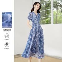 晚白 ONEBUYE夏季度假风印花仙女裙丁达尔渐变晕染短袖淑女休闲长裙