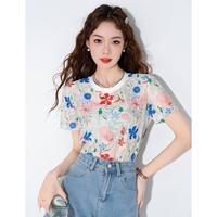 夏季女款简约休闲t恤气质百搭时尚显瘦美式复古扎染冰丝短袖上衣