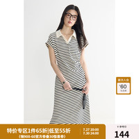 独束大码女装POLO领条纹收腰连衣裙2024夏季休闲百搭 黑白条纹 3