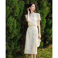 【新中式套装】精致提花盘扣衬衫开叉直筒裙半身裙两件套女夏