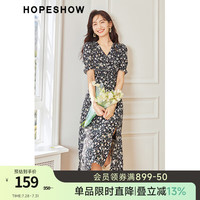 红袖超好看气质连衣裙夏季女装开叉V领设计感小众显瘦显白碎花裙 黑底花658 S