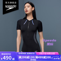 速比涛（Speedo）【奥运】电气矩阵黑标Hero4.0复刻鲨鱼皮短袖连体平角泳衣女 黑色/浅紫 38(身高164-170cm,重64-69kg)