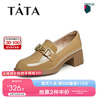 他她（TATA）英伦风乐福鞋女一脚蹬粗跟小皮鞋单鞋秋WCNA3CA3 杏色（金属饰扣） 34