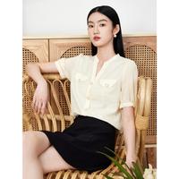 JZ玖姿V领女装夏季时尚褶皱肌理感优雅衬衫上衣