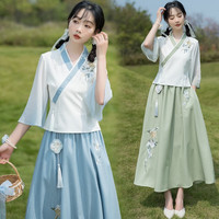 景华年夏改良汉服女装新中式国风复古刺绣斜襟上衣裙子班级茶艺服套装 流苏(默认与衣服颜色一致) L