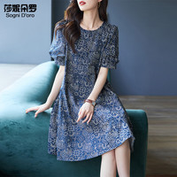 莎妮朵罗大码女装胖mm遮肚微胖2024夏季宽松泡泡袖印花连衣裙20324 藏青色-7天 4XL160-180斤穿着
