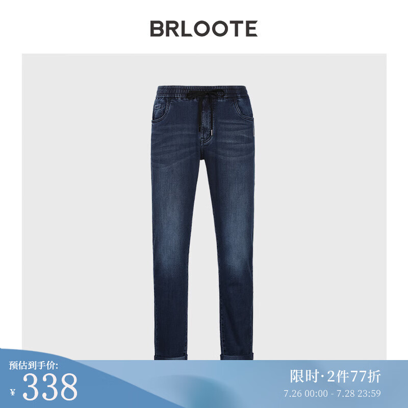 巴鲁特（Brloote）男士棉弹牛仔裤松紧腰微弹亲肤翻边九分裤秋冬 牛仔蓝 1