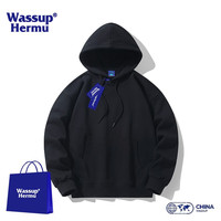 WASSUP HERMU纯色卫衣男秋春季套头宽松潮流青年外套落肩运动加绒加厚上衣 黑色 M(85-120斤)
