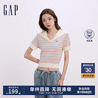 Gap女装2024初秋新款翻领彩色条纹肌理短袖针织衫活力上衣637949 米色 1