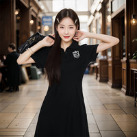 FOURDATRY学院风黑色短袖连衣裙女polo领中长款裙子夏季2024小黑裙显瘦 黑色 L