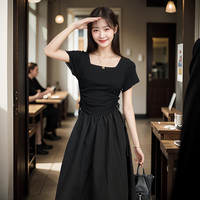 FOURDATRY黑色赫本风短袖针织连衣裙女2024夏装小个子韩版遮肚显瘦a字长裙 黑色 M