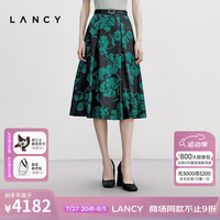 朗姿/LANCY2024秋新款真丝复古印花中长半身裙高腰A字大摆半裙女 夜幕黑色 XL