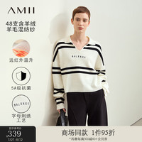 AMII2024秋新款翻领英文字母刺绣撞色条纹毛衣女宽松落肩袖12453056 黑色 155/80A/S