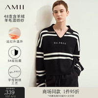 AMII2024秋翻领英文字母刺绣撞色条纹毛衣女宽松落肩袖12453056 黑色 155/80A/S