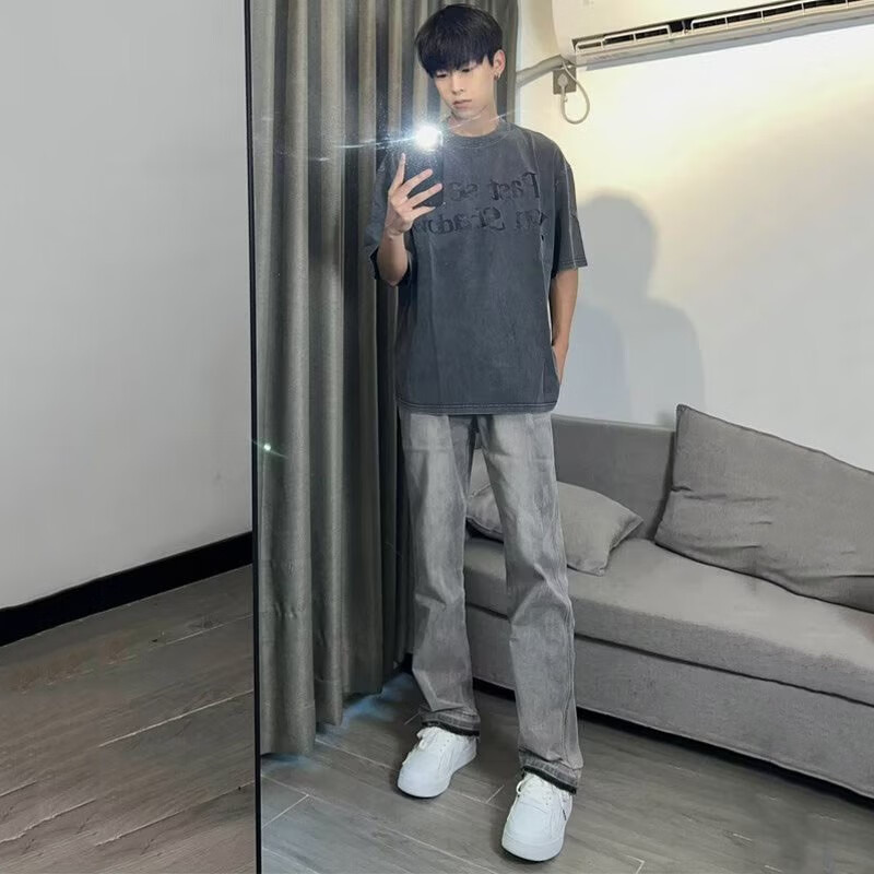 卡图弛美式牛仔裤男秋冬季潮流修身显瘦韩版ins高街复古直筒休闲裤子 烟灰色 L【110-125斤】