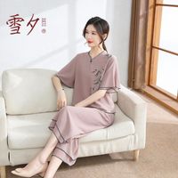雪夕(XUEXI)妈妈装2024夏装新款时尚雪纺套装中老年女装洋气大码短袖薄款小衫