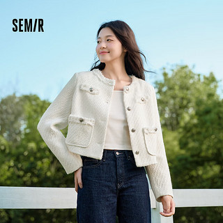 森马（Semir）【通勤小香风】外套女短款优雅直角肩外穿24粗花呢流苏短夹克 白色调00311 160/84A/M