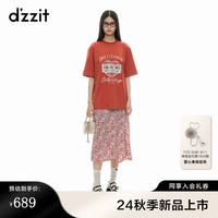 DZZIT地素短袖T恤2024秋季新款到东方列车印花设计上衣女 大红色 S