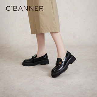 C.BANNER千百度复古英伦风乐福鞋女2024春季JK厚底黑色小皮鞋真皮增高