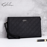 Satchi沙驰男包时尚真皮商务手拿包男头层牛皮大容量信封包手腕带手抓包 黑色