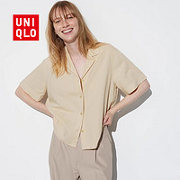 UNIQLO 优衣库 女士衬衫麻混纺短袖衬衣亚麻464739 31米色 （4色可选）