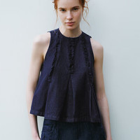 URBAN REVIVO 女士气质木耳边坎肩无袖牛仔衬衫 UWU840082