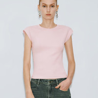 URBAN REVIVO 女士时尚轻熟气质百搭修身短袖T恤 UWM440011 浅粉色 S