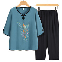 薇靡雅(WEIMIYA)夏装中老年人女奶奶宽松套装印花t恤老太太上衣服两件套 绿色套装 XL(105斤内)