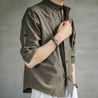 简约亚麻衬衫宽松男装中国风夏季棉麻休闲上衣七分袖品质通勤男装