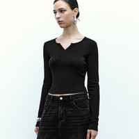 URBAN REVIVO 女士简约基础百搭V领修身长袖T恤 UWB440044 黑色 S