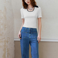 URBAN REVIVO 女士气质撞色翻领修身套头短袖T恤 UWU440139 本白 M