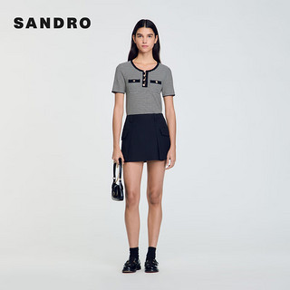 SANDRO2024早秋新款女装法式优雅撞色条纹短袖针织上衣SFPPU02348 黑色