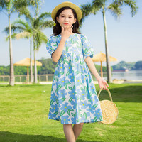 小马宝莉女童连衣裙2024夏季花朵印花中长款洋气中大童裙子 蓝色 140
