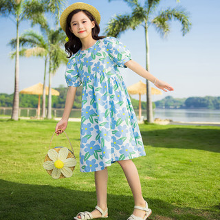 小马宝莉女童连衣裙2024夏季花朵印花中长款洋气中大童裙子 蓝色 140