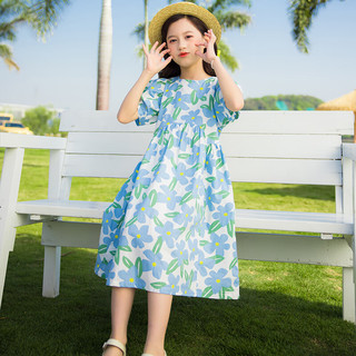 小马宝莉女童连衣裙2024夏季花朵印花中长款洋气中大童裙子 蓝色 140