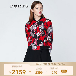 PORTS宝姿 新品女装简约棒球领印花夹克短外套SN8J002HFQ070 黑底粉提花