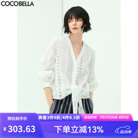 COCOBELLA重工镂空刺绣纯棉蕾丝衫女气质V领系带通勤衬衫LC605