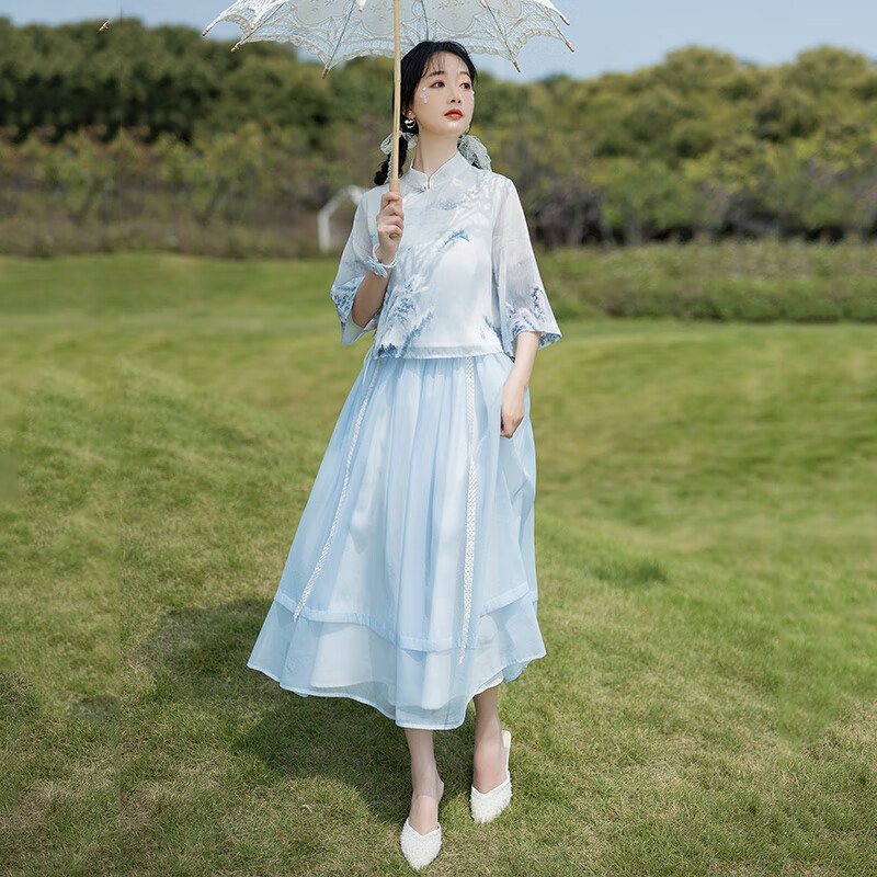 妖妮旗袍汉服女成人年轻日常2024新中式国风雪纺印花水墨画两件套1053 浅蓝色两件套 XL(体重115-125斤）