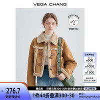 VEGA CHANG皮毛一体短外套女2024年秋冬新款宽松显瘦休闲毛绒保暖夹克外套 布朗棕