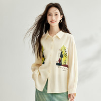 茵曼(INMAN)时尚印花宽松长袖衬衣女2024秋季慵懒设计感别致通勤衬衫上衣 米杏