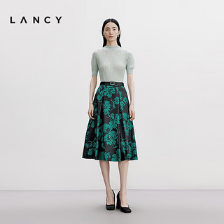 朗姿/LANCY2024秋真丝复古印花中长半身裙高腰A字大摆半裙女 夜幕黑色 XL