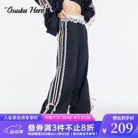 古由卡（GUUKA）HERO潮牌蝴蝶结刺绣直筒休闲裤女秋新款时尚网里透气长裤宽松百搭 黑色X60859