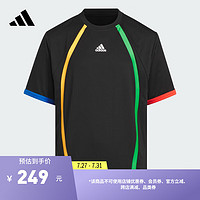 adidas休闲宽松撞色圆领短袖T恤男大童儿童夏季阿迪达斯轻运动 黑色 140CM