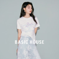 百家好（Basic House）蝴蝶结印花T恤女2024夏时尚白色正肩短袖上衣B0624A50362 白色 XL