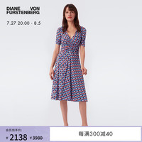 Diane von Furstenberg 女士V领A字裙印花短袖弹力网纱茶歇连衣裙DS1Q007 AKWLB蓝橘千鸟格/彩雀蓝蜻蜓图案 XS